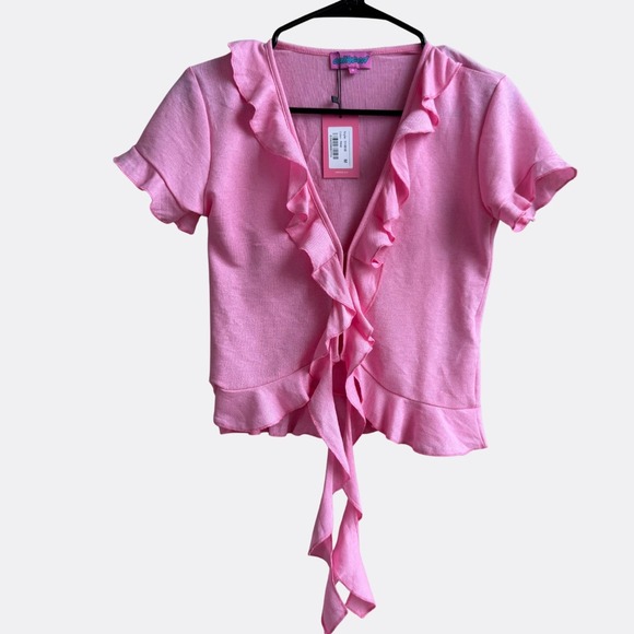 NWT EDIKTED Loullie Split Front Ruffled Top – Pink – Women's Size M – SOLD OUT - Picture 2 of 5
